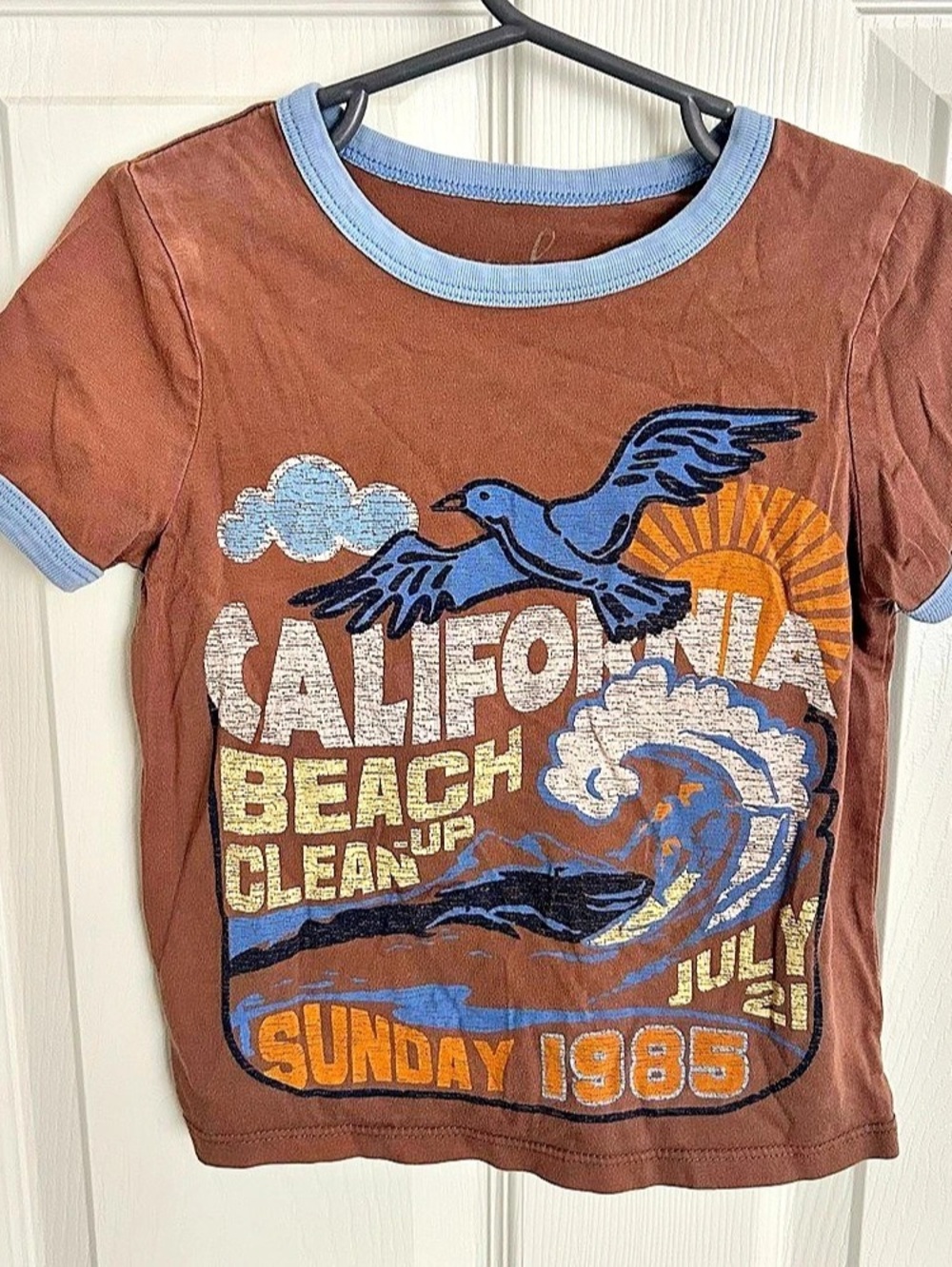 Vintage style California Beach Clean Up Graphic Tee Kids Brown Short Sleeve